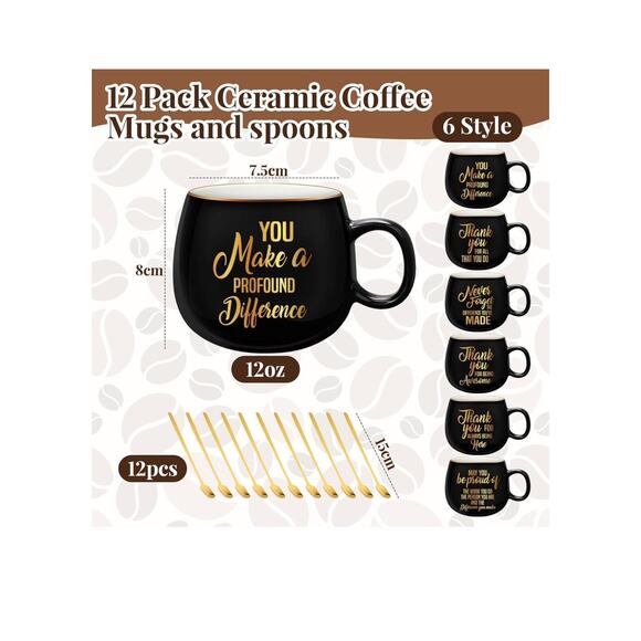 Tioncy 12 Set Employee Appreciation Gifts 12oz Ceramic Coffee Mugs w/Spoons NEW - Picture 2 of 6